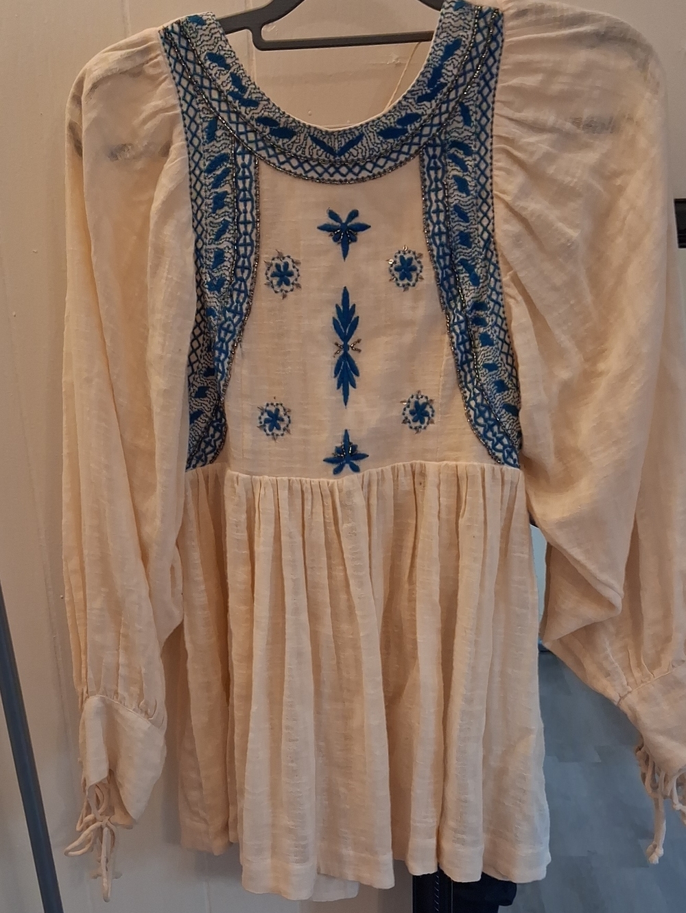 Cream Mini Dress Tunic with Blue Embroidery Silver Beads Open Back Self-tie